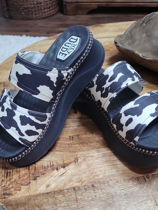 Hey Dude Shoes - Hey Dude Black & White Cow-Pattern Platform Sandals